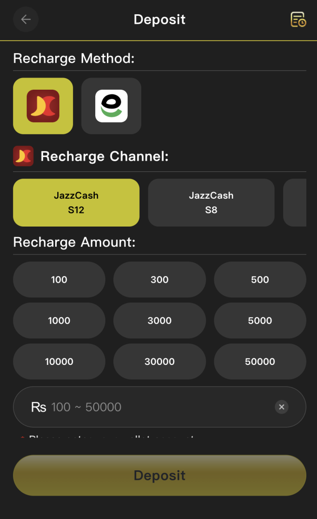 3R3R Game deposit screen with JazzCash and EasyPaisa options Rs 100 to 50000