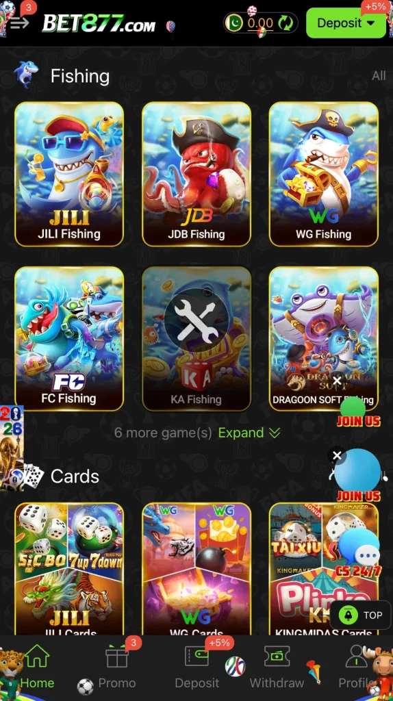 BET877 Game fishing games section with JILI Fishing, JDB Fishing, WG Fishing Pakistan