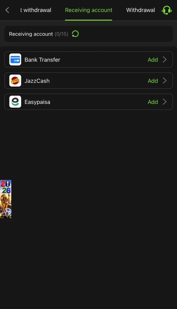 BET877 Game withdrawal receiving account screen showing EasyPaisa JazzCash and bank transfer