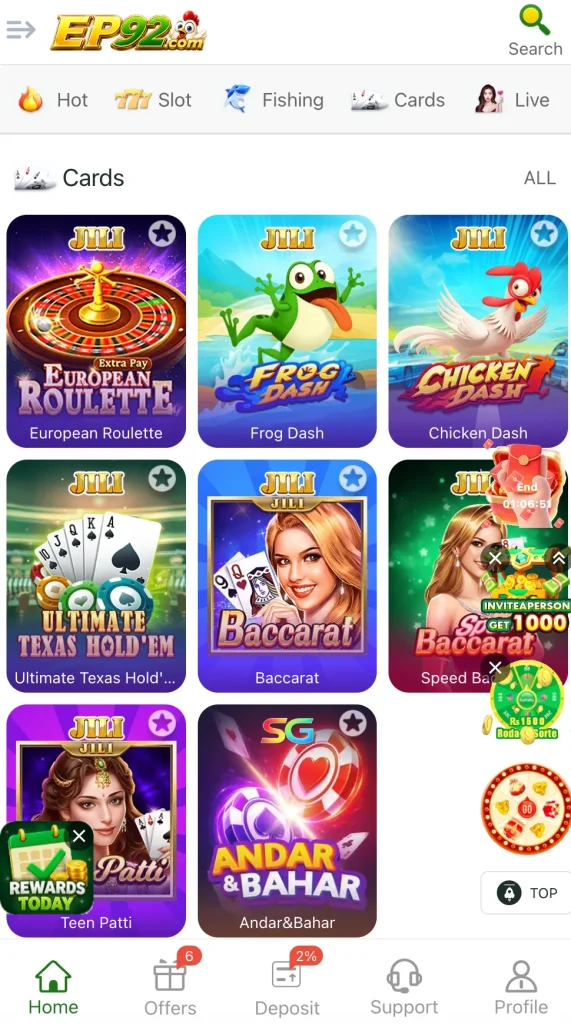 EP92 Game cards section with JILI European Roulette Teen Patti Baccarat Andar Bahar Pakistan