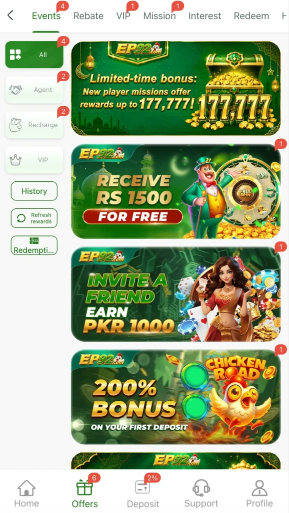 EP92 Game events page showing Rs 1500 free spin 200 percent first deposit bonus and PKR 1000 referral