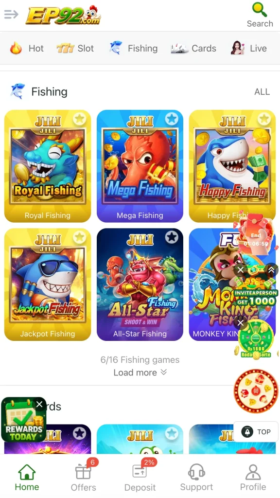EP92 Game fishing section showing JILI Royal Fishing Mega Fishing Happy Fishing Pakistan