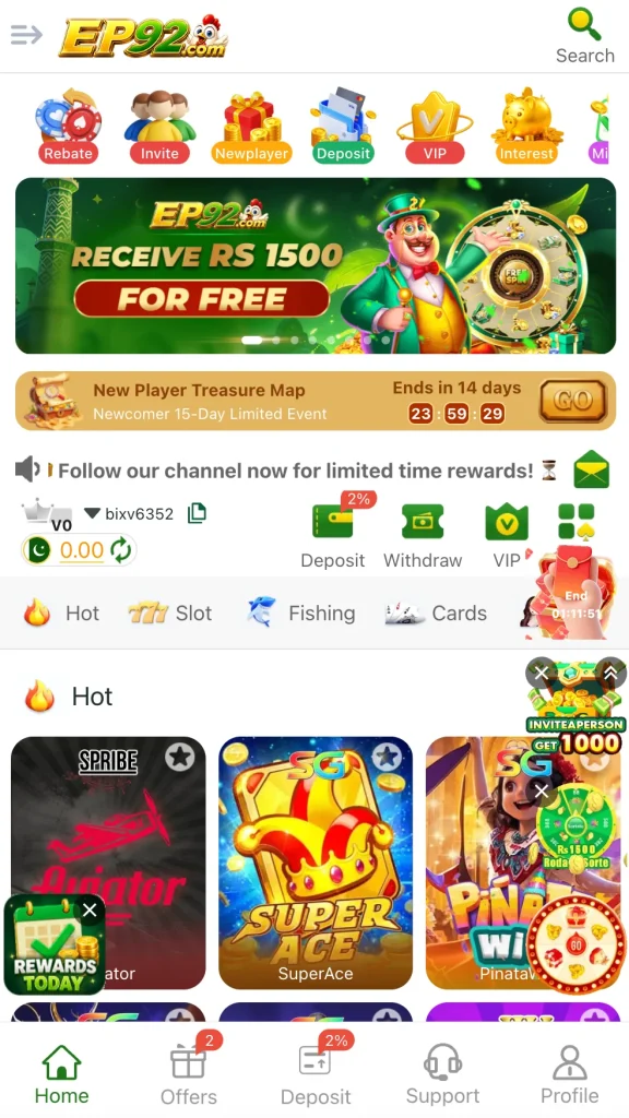 EP92 Game home screen showing Rs 1500 free spin welcome bonus and game categories Pakistan 2026 