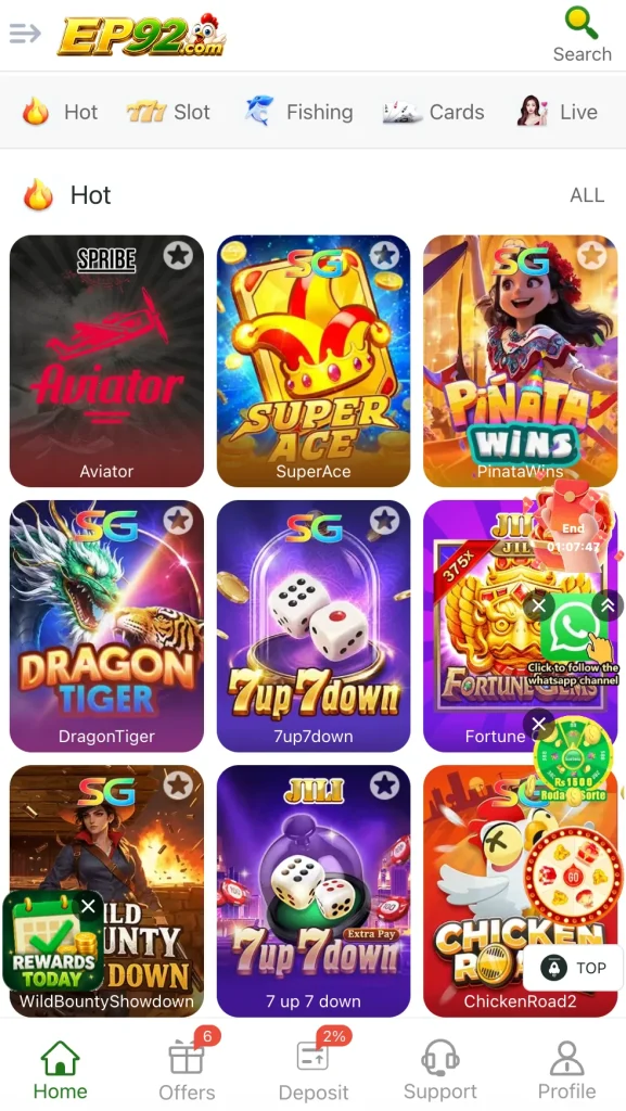 EP92 Game hot games section showing SPRIBE Aviator SuperAce DragonTiger and 7up7down Pakistan