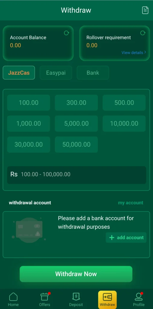 EU777 withdrawal screen showing Rs100 minimum via JazzCash and EasyPaisa in Pakistan