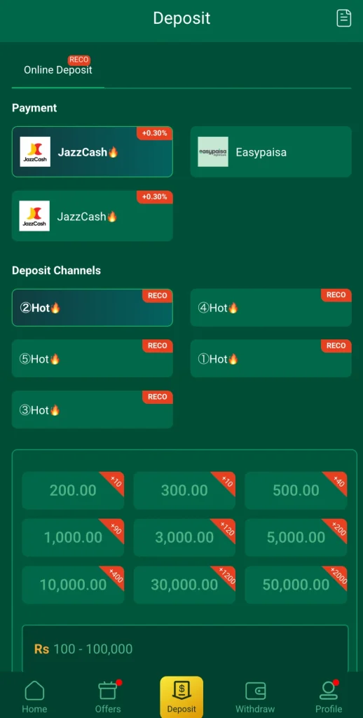 EU777 deposit screen with JazzCash 0.30% bonus and tiered deposit rewards in Pakistan