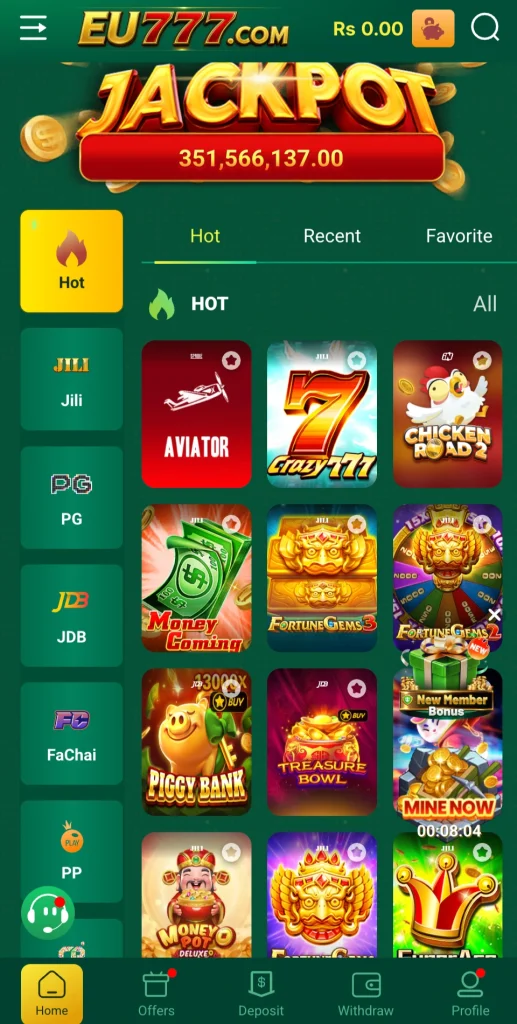 EU777 home screen showing VIP 1 to 50 rewards and Rs351 million jackpot in Pakistan