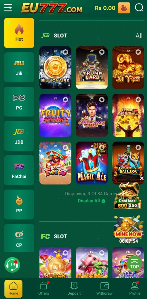 EU777 JDB slots like Trump Card, Fruity Bonanza and Magic Ace in Pakistan