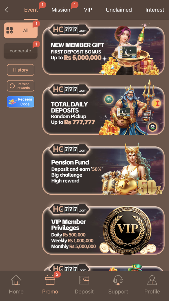 HC777 Game promo screen showing new member first deposit bonus Rs 5000000 and VIP privileges Pakistan