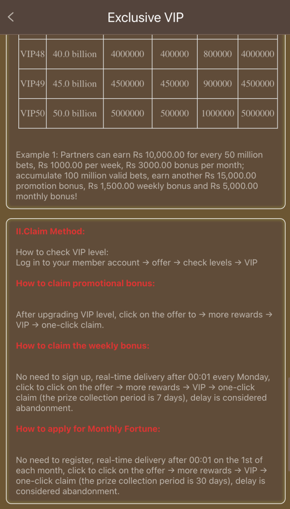 HC777 Game Exclusive VIP table showing VIP48 to VIP50 bonus amounts up to 5 million Pakistan