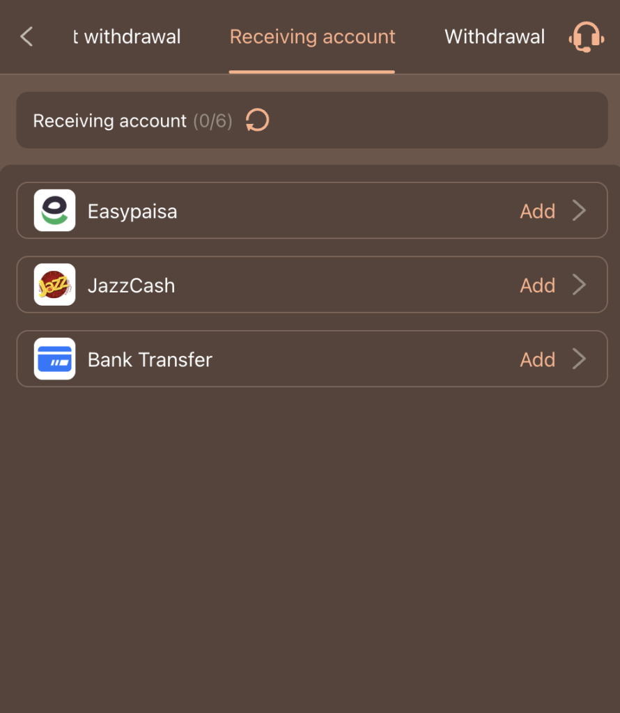 HC777 Game withdrawal receiving account showing Easypaisa JazzCash and Bank Transfer options Pakistan
