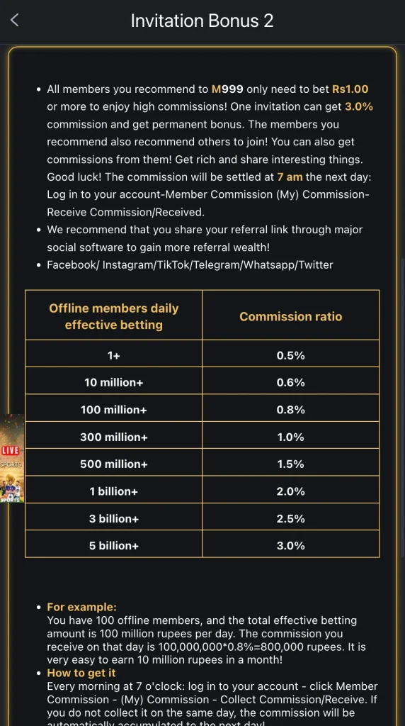 M999 agent commission tiers 0.5% to 3.0% by betting volume in Pakistan