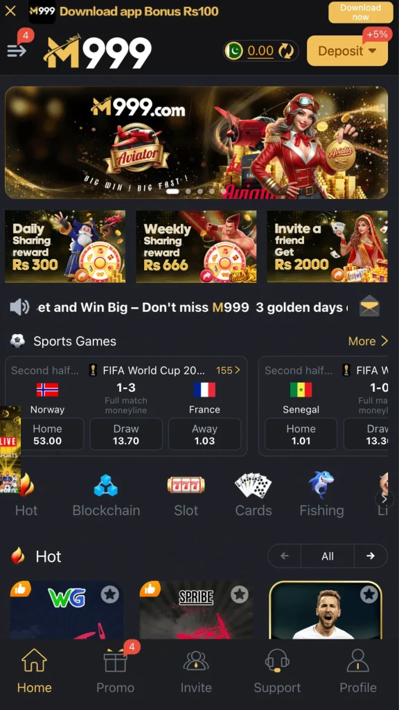 M999 home screen with Aviator banner, World Cup sports betting and share rewards in Pakistan