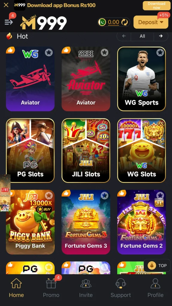 M999 hot games Aviator, WG Sports, Piggy Bank and Fortune Gems in Pakistan