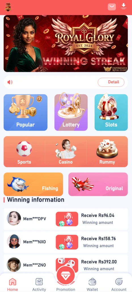 Royal Glory Game home screen showing Popular, Lottery, Slots, Sports, Casino, Rummy, Fishing and Original game categories