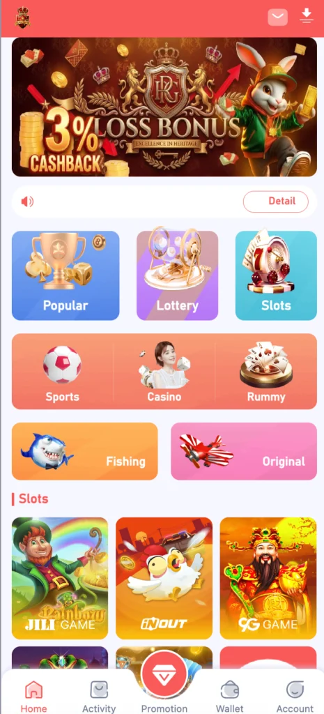 Royal Glory Game popular games section showing Aviator, Vortex, Boom, Chicken Road 2, Go Rush, Money Coming, Super Ace Deluxe and Fortune Gems slots