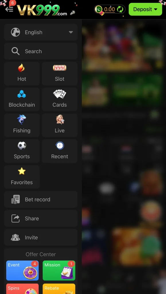 VK999 Game navigation menu showing Hot Slot Blockchain Cards Fishing Live Sports categories Pakistan