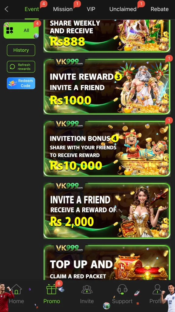 VK999 Game promo events page showing Share Weekly Rs888 and invite friend rewards Pakistan 2026