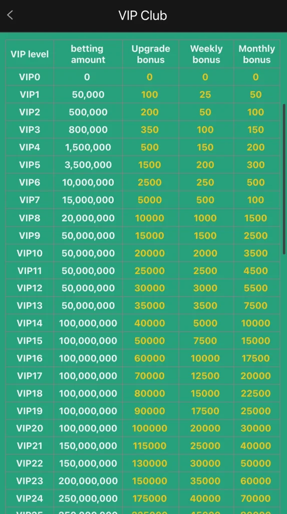 VK999 Game VIP Club table VIP0 to VIP24 betting amount and bonus requirements Pakistan 2026