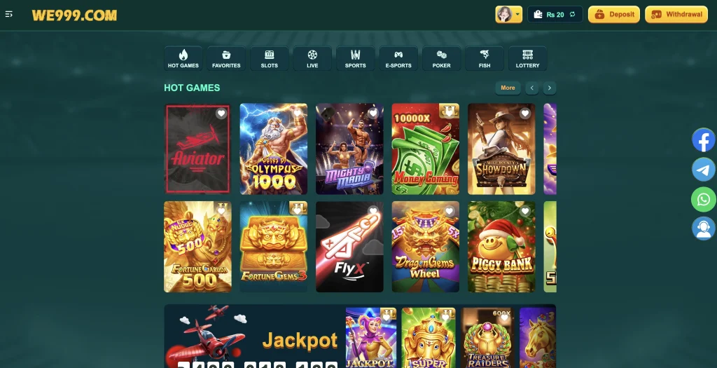 WE999 Game hot games lobby showing Aviator Gates of Olympus Mighty Mania Money Coming and slot games Pakistan