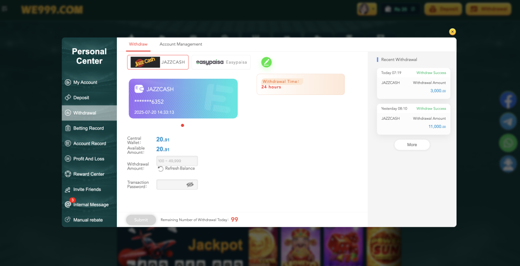WE999 Game withdrawal screen showing JazzCash and EasyPaisa options with Rs100 to Rs49999 range 24 hour processing