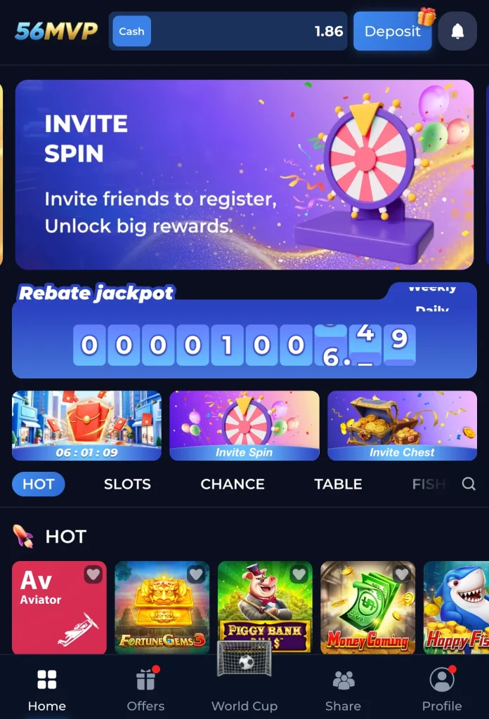 56MVP Game home screen showing Invite Spin Invite Chest and Hot game categories Pakistan 2026 v1.0