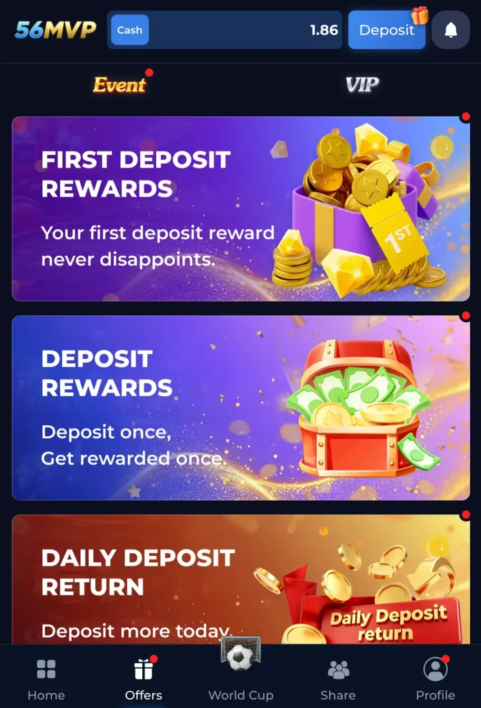 56MVP Game first deposit rewards deposit rewards and daily deposit return promotions Pakistan 2026