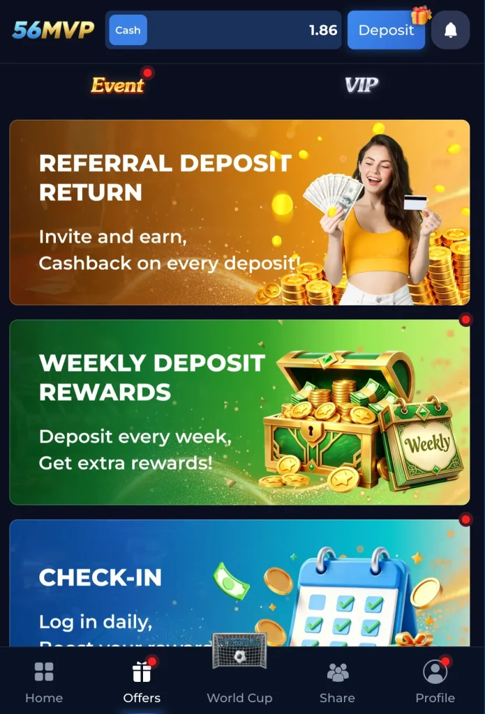 56MVP Game offers page showing Referral Deposit Return Weekly Deposit Rewards and Check-In Pakistan 2026