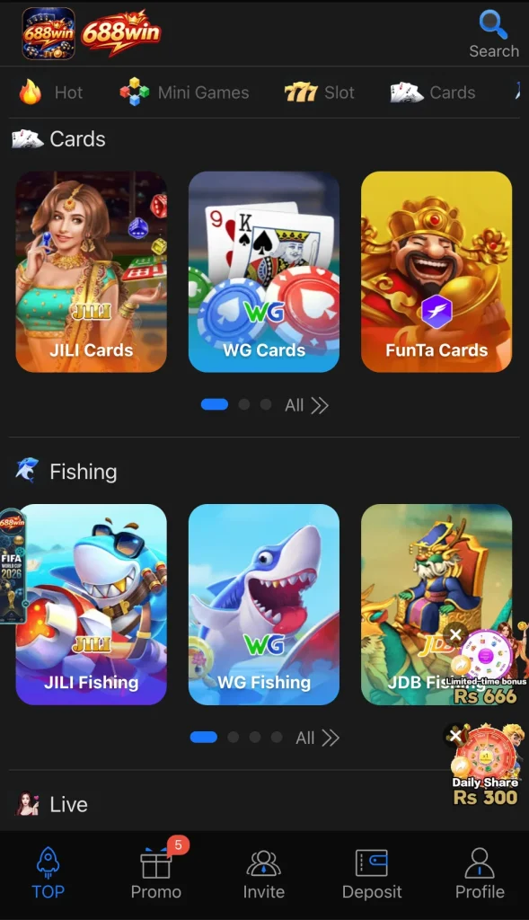 688 Win mini games including fishing and card games