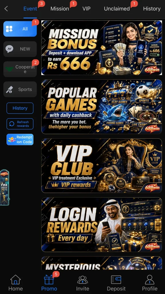 688 Win promo events daily mission bonus