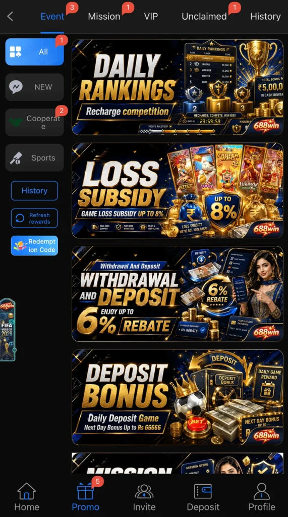 688 Win promo events daily rankings and loss subsidy