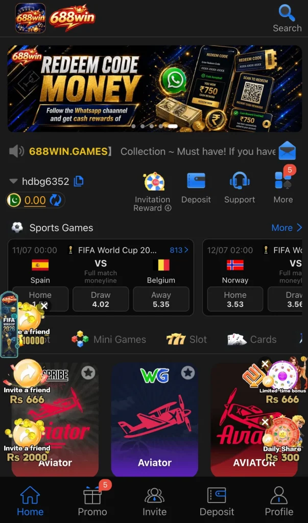 688 Win game home screen with redeem code money reward in Pakistan