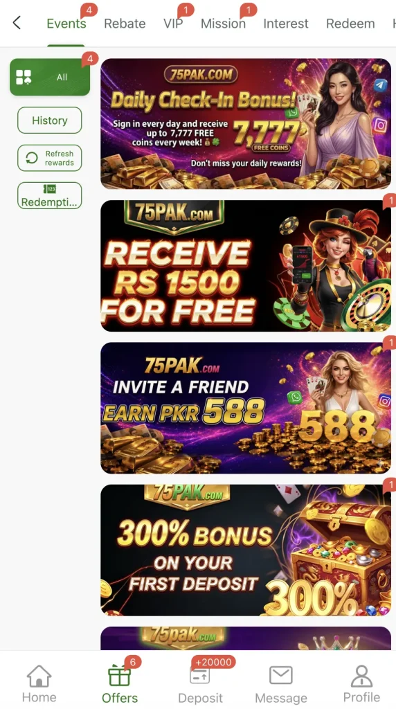 75bak Game Rs1500 free welcome bonus and 300 percent first deposit bonus promotion Pakistan 2026