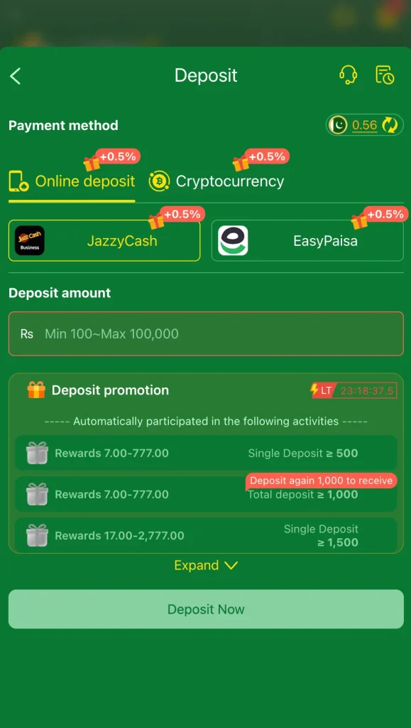 BET939 Game deposit screen JazzCash EasyPaisa Rs100 minimum deposit with plus 0.5 percent bonus Pakistan