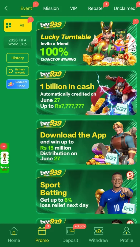 BET939 Game events showing Lucky Turntable Rs7777777 weekly prize and Cash Distribution event Pakistan