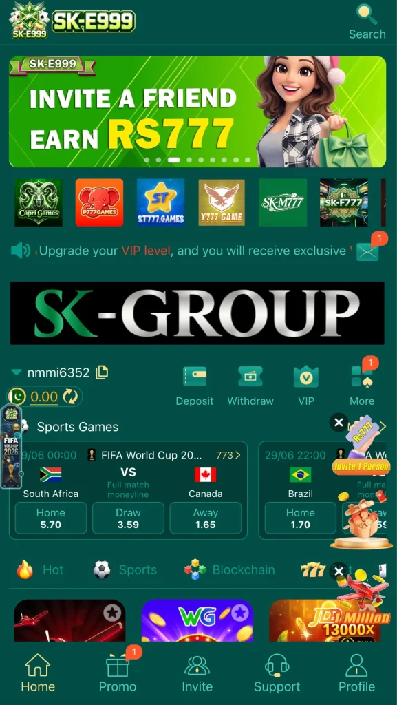 E999 Game SK-E999 home screen SK-GROUP branding invite earn Rs777 banner and FIFA World Cup 2026 betting Pakistan