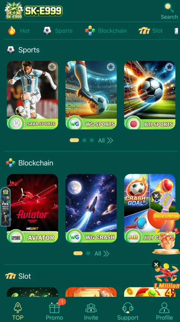 SK-E999 Game sports and blockchain section showing SABA Sports WG Sports Aviator and WG Crash Pakistan