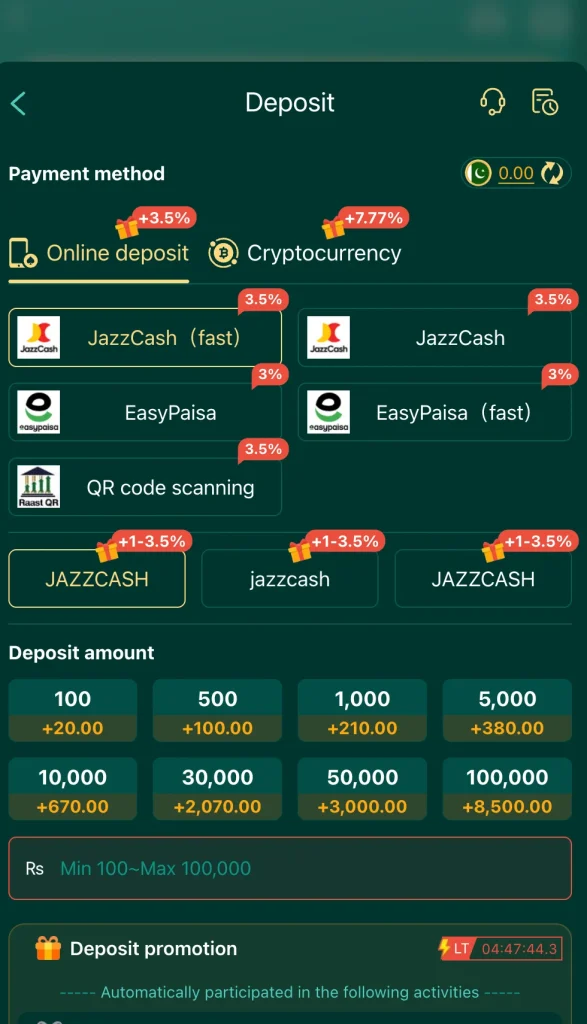 EQ668 deposit screen with JazzCash, EasyPaisa and crypto