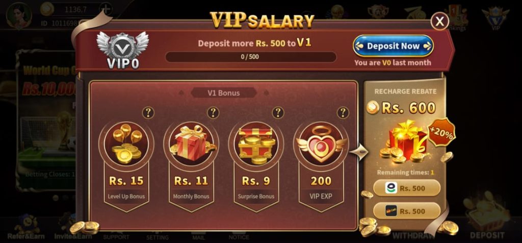 Royal X Casino VIP Salary table V1 Rs58 to V10 Rs1888888 monthly loyalty bonus Pakistan 2026