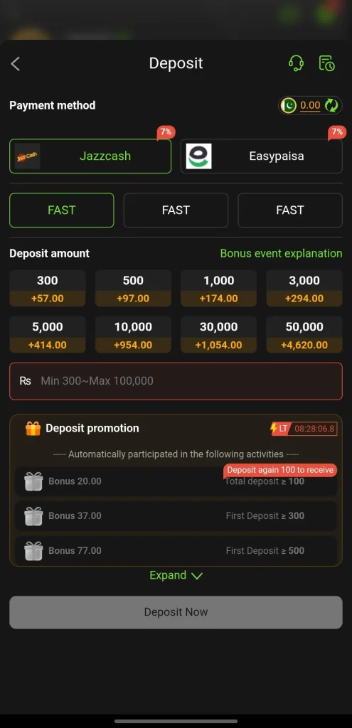 T999 Game deposit screen JazzCash EasyPaisa 7 percent bonus with Rs300 to Rs50000 deposit tier amounts Pakistan