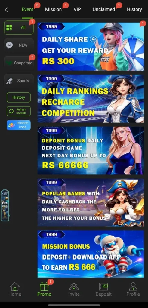 T999 Game daily share Rs300 reward and mission bonus Rs666 deposit download app promotion Pakistan 2026