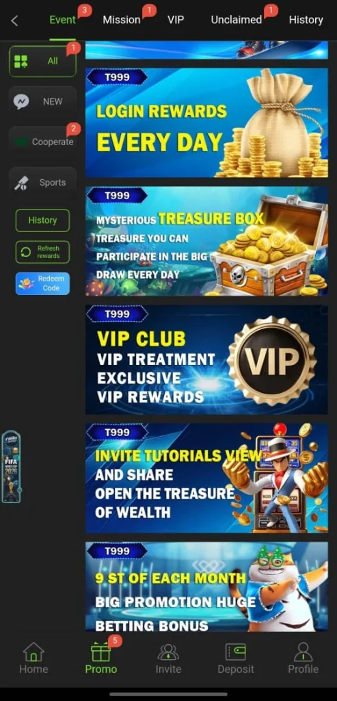T999 Game events page Login Rewards daily Mysterious Treasure Box VIP Club FIFA World Cup 2026 Pakistan