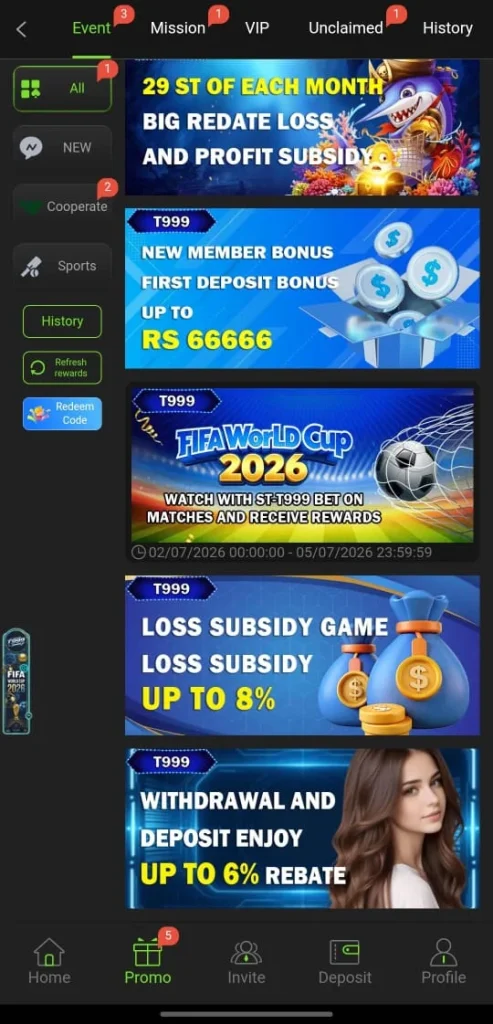 T999 Game events Rs66666 daily deposit bonus 8 percent loss subsidy and 6 percent withdrawal deposit rebate