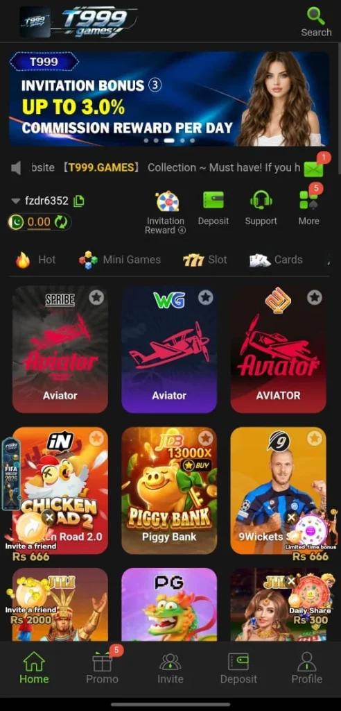 T999 Game home screen showing 3 percent daily commission banner and hot games Aviator Piggy Bank Pakistan 2026